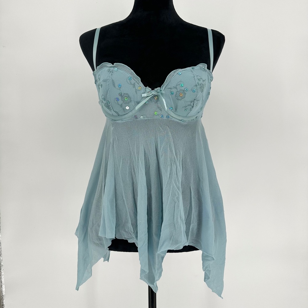 Y2K Victoria Secret Baby Blue Sequin 2Piece Lingerie Asymmetrical Sexy Thong 36C